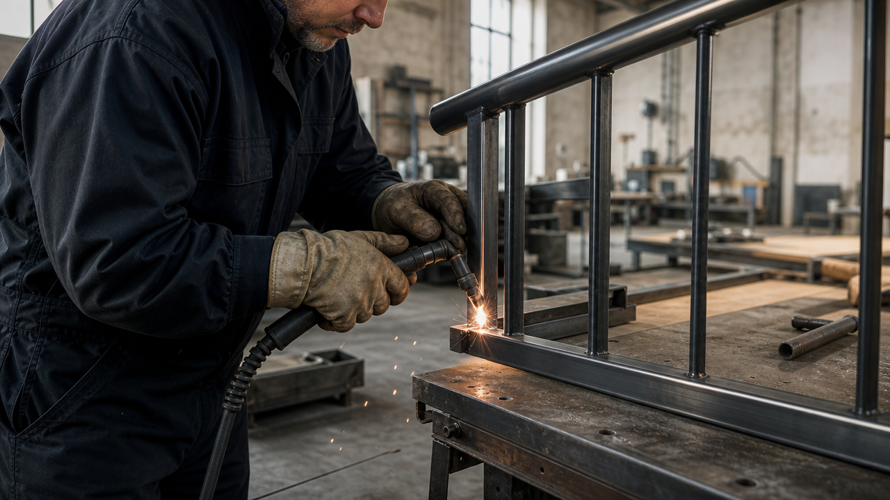 Metallbauer beim Schweißen eines Geländers in der Werkstatt